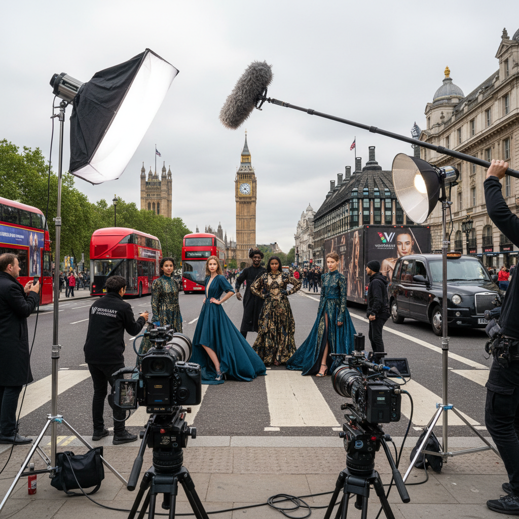 A film crew captures a fashion shoot with models in elegant gowns posing on a London street with Big Ben in the background.