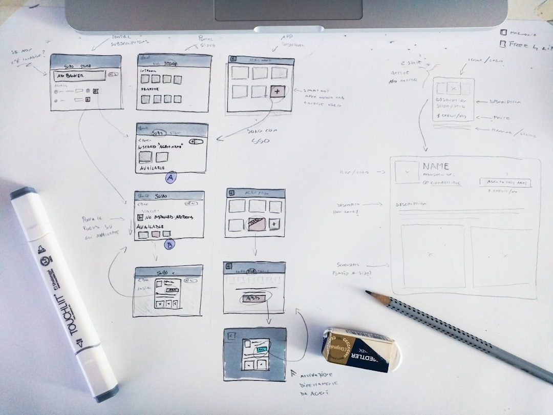 Hand-drawn UI wireframes and flowcharts on paper with laptop.